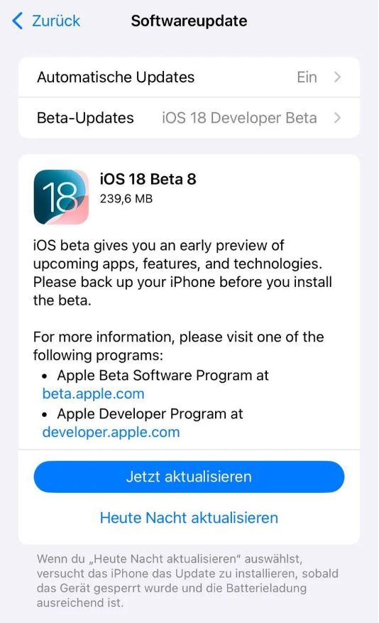 崇州苹果手机维修分享苹果 iOS / iPadOS 18 开发者预览版 Beta 8 发布 